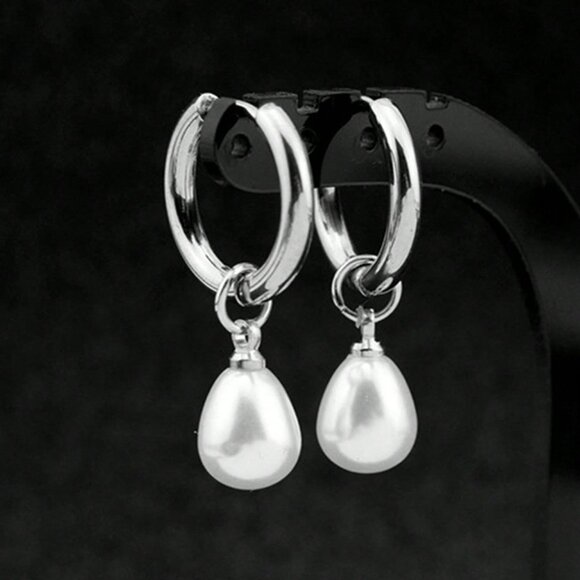 3/$35 Silver Tone Huggie Hoop Earrings with Teardrop Pearl Drop Dangle Charm - Picture 4 of 5